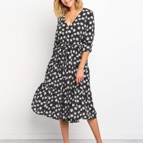 Oversize V Neck Long Sleeve Printed High Wasit Lace Up Long Dress Ladies 2021 New Summer Fashion Floral Chiffon Dresses Women