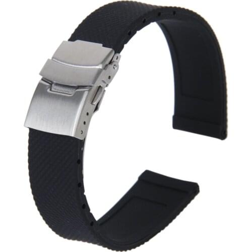Watch Bands Sport Black Silicone Rubber Watch Strap Deployment Buckle Waterproof 20 mm
