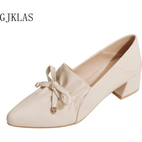 British Style Chunky Heels Shoes Leather Woman Pumps Fashion Elegant Shoes for Wedding Heels Dress Ladies Party Shoe Beige Heel
