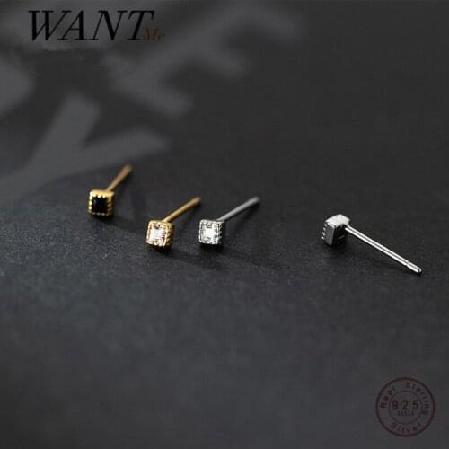 WANTME 925 Sterling Silver Simple Geometric Square Black Zircon Mini Small Stud Earrings for Women Kid Cute Piercing Jewelry