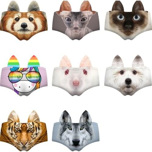 3D Pattern Funny Women Underwear Briefs Animal Ears Panda Sfinks Cat Siamese Unicorn White Rat Tiger Wolf Terrier Lady Panties