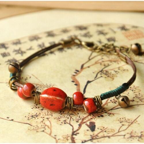 Ceramic Beaded Charm Bracelet For Women Bell Strand Pendant Vintage Round Circle Bracelets Handmade Jewelry Bohemian Accessories