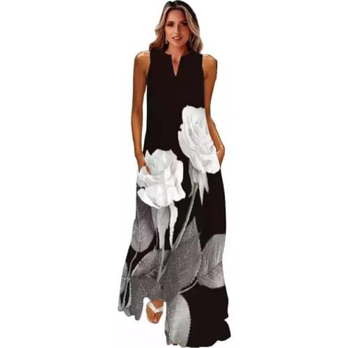 S-5XL Oversized Women Dress Maxi Vintage Sleeveless Elegant Long Dress Casual Print Dress Plus Size Vestidos Girls Dress Summer