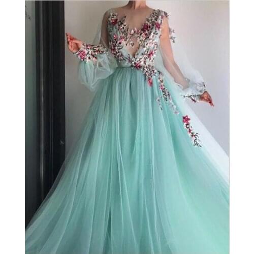 Illusion Mint Green Evening Dresses Long Sexy Full Sleeves Evening Gown Elegant High Waist Prom Dress Robe De Soiree