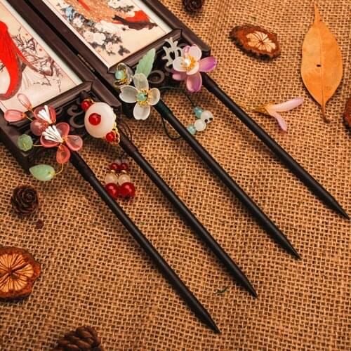 1PC Fashion New Ebony Tassel Handmade Chopstick Hair Stick Retro Style Flowers Hairpin Exquisite Hair Styling Accessories