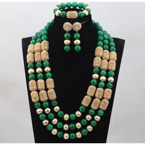 2021 New Nigerian Wedding Beads Jewelry Sets Green African Costume Jewelry Set for Women Gold 14MM Round Beads Set WD937