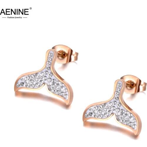 AENINE Innovative Stainless Steel Rhinestone Fish Tail Earrings Jewelry Trendy Animal Stud Earrings For Women Kolczyki AE19224