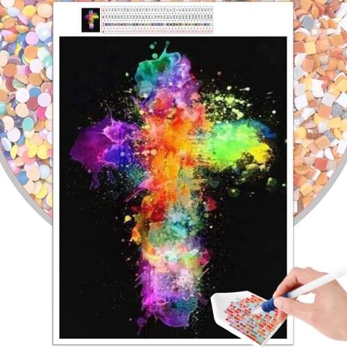 Diamond Painting Cartoon Religion Colorful Cross Embroidery Kit 5D DIY Mosaic Square Round Rhinestone Mural Home Decoration Art
