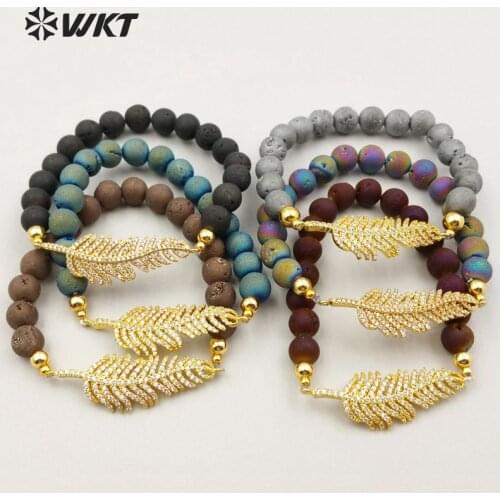 MB015 Wholesale Sparkly leaf shape charm bracelet high quality 8mm aura stone with cubic zirconia bracelet for women jewelry