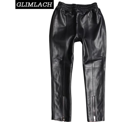 Real Leather Harem Pants Women Elastic Waist Slim 100% Lambskin Genuine Leather Trousers Female Zippers Pencil Pants Streetwear