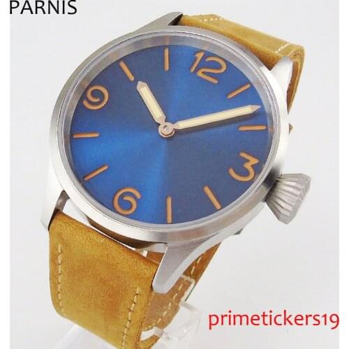 Yellow hands 43mm sterile blue dial mechanical hand winding mens watch leather strap