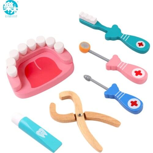 Logwood Wooden toys Funny play Real Life Cosplay Doctor game toy Dental Pretend Doctor accessories Tools 6PCS Set For Children