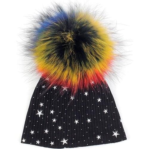 Newborn Baby For 0-6month Skull Beanie Caps Girls Boys Infant Pentagonal Print Cute Hats Unisex With 15cm Real Fur Pompom Hat