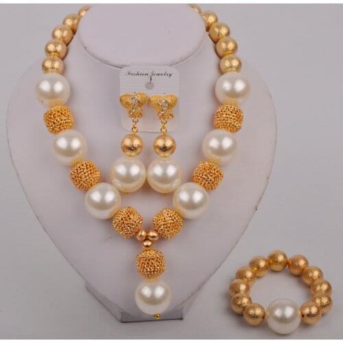 Dubai Gold African Beads Jewelry Set Nigerian Wedding Pearl Jewelry Set White Pearl Necklace Costume Jewelry Set