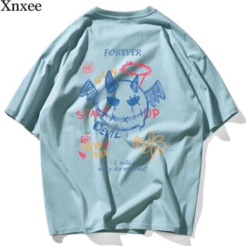 Unisex Oversized Hip Hop Streetwear Harajuku T-Shirt Men Hand Painted Devil Shirt 2021 Short Sleeve Tshirt Women Loose Tops Tees