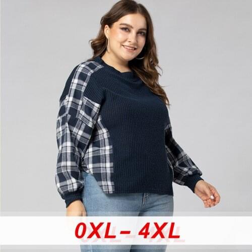 Plaid Patchwork Knitted Tshirts Sweater Casual Women 2020 Autumn Tops Plus Size Tshirt Loose O Neck Full Sleeve Womens Clothing