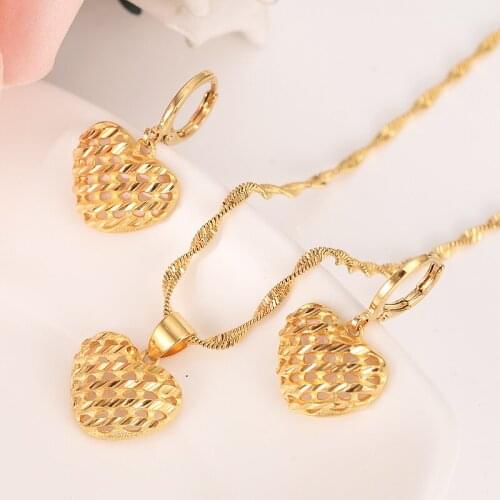 Dubai India Ethiopian Gold love heart set Jewelrysets for women Pendant Chain Earrings African Bride Wedding Bijoux girls gift