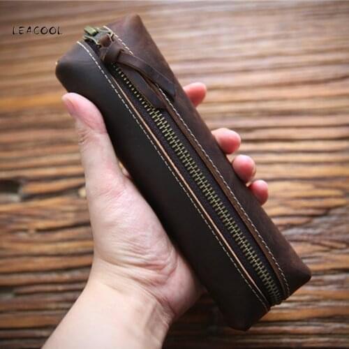 Handmade Genuine Leather Pen Bag Crazy Horse Leather Pencil Bag Holder Case Vintage Retro Style Accessories For Leather Notebook