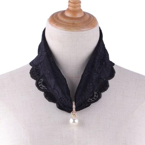 Lace Hollow Pearl Pendant Thin Bib Female False Collar Neck Guard Sunscreen Decoration Breathable Ruffled Silk Scarf F06