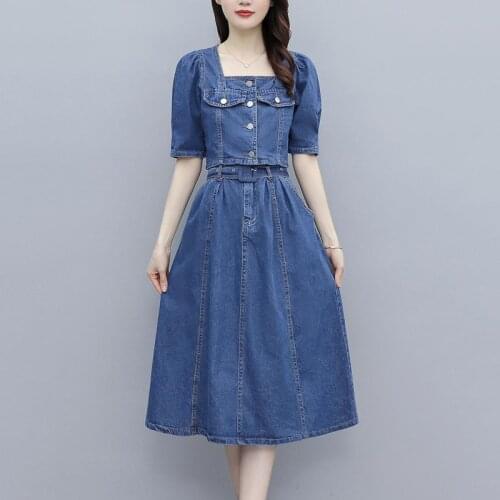 Summer denim set clothing sashes long jeans skirt and crop top square collar puff sleeve button up jacket two piece set skirt