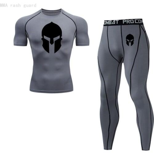 Summer Mens Set Quick-drying Fitness Short sleeve Top Sports leggings 2 piece Tracksuit Men MMA Compression sportswear tights