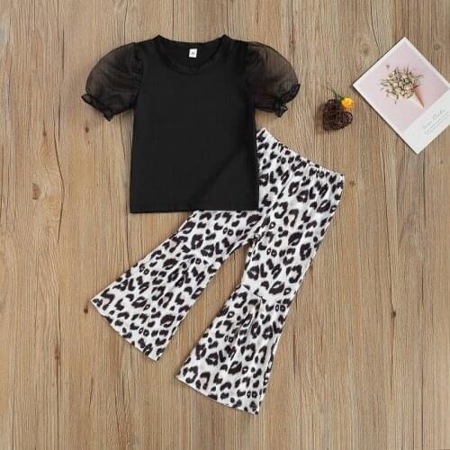 2021 Summer Children Girl Puff Sleeve Black Shirt Tops Leopard Flared Pant Bell Bottom 2PCS Clothing Set