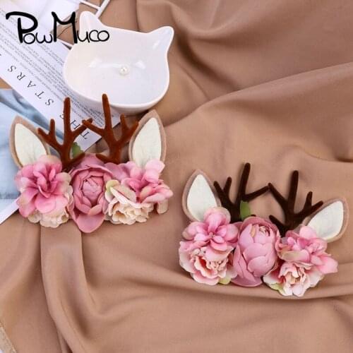 Powmuco Fashion Christmas Antlers Ears Nylon Hairband Cute Handmade Artificial Flowers Infant Elastic Headband Baby Accessories