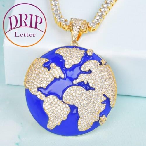 Blue Oil Earth Pendant Gold Color AAA Zircon Mens Hip Hop Necklace Rock Jewelry For Gift