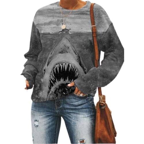 New shark print hoodie female autumn long sleeve loose sweatshirt women casual fasion O-Neck lady top clothes