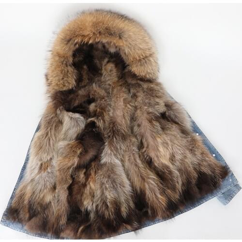 2020 new denim pie overcomes raccoon fur lining fox fur collar coat long coat female winter