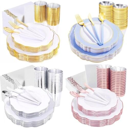 Disposable party tableware dinner plate fork knife transparent golden plastic tray set wedding party holiday event decoration