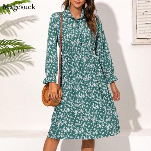 Long Sleeve Autumn Dress Women 2021 High Waist Floral Green Vintage Dress Women Elegant Dresses For Women Party Vestidos 8823