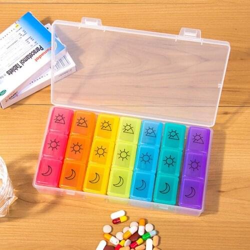 7 Days Weekly Transparent 21 Compartment Lid Tablet Pill Box Holder Medicine Storage Organizer Case Container Colorful Creativit