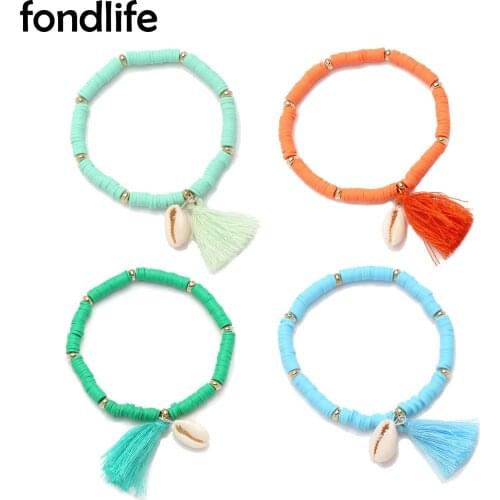 Boho Multicolor Polymer Clay Heishi Beads Cowrie Seashell Cotton Tassels Stretch Bracelet Women Lady Summer Shell Jewelry Gift