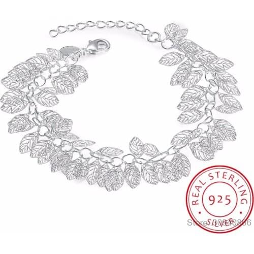 Real 925 Sterling Silver Hollow Leaves Charm Bracelet Minimalist Fine Jewelry For Women Engagement Party Cute Accessories Gift