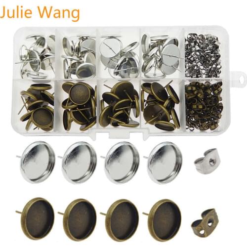 Julie Wang 160PCS/Box Stud Earring Base 12mm Cabochon Setting Earring Back Accessory Set Metal Earrings Jewelry Making