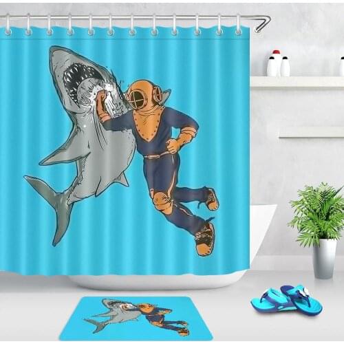 Blue Bathroom Shower Curtain Novel Cartoon Comic Diver Shark Ocean Fabric Bath Curtain Mildewproof Waterproof Bathroom Curtains