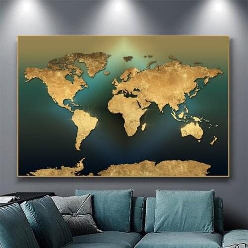 Modern World Map Canvas Painting Nordic Golden Green Map Landscape Posters Prints Wall Art Picture for Living Room Home Decor