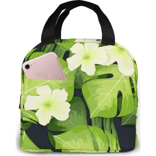 Monstera Palm Leaves Hibiscus Cooler Bag Portable Zipper Thermal Lunch Bag Convenient Lunch Box Tote Food Bag