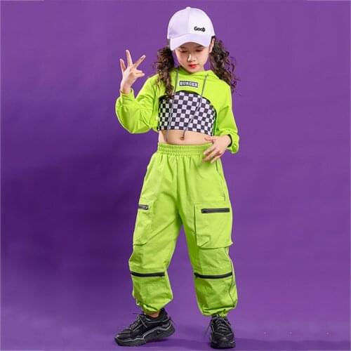 Hip Hop Dance Costumes Children Jazz Performance Clothing Street Dancing Outfit Stage Wear Fashion Fluorescent Green Suit DN6277