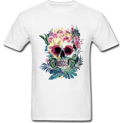 Tropical T-shirt Skull Flower Tees Men Summer Tshirt Floral Skull Art Design Tops Clothing Slim Fit Cotton Streetwear Halloween