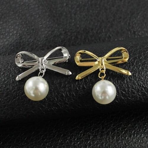 Classical Elegance Metal Bow Butterfly Brooch Suspended Imitation Pearl Fashion Charms Brooches Pins For Female Women Jewelry