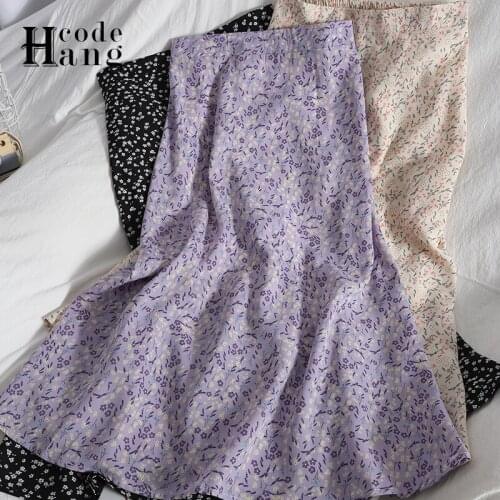 HangCode Luxury Purple Floral Print A-line Midi Skirts Women High Waist Two Layers Wrap Skirt Summer 2021 Elegant Ladies Bottoms