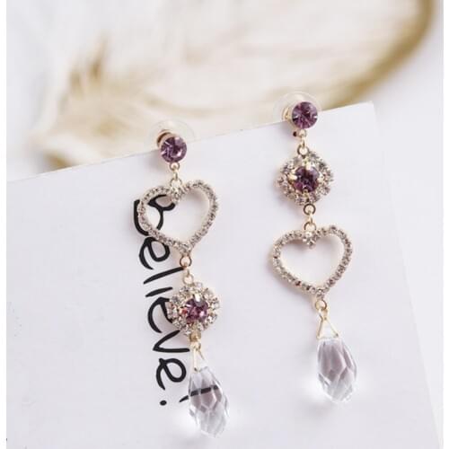 New Asymmetry Hollow Love Heart Full Rhinestone Earrings For Women Simulated Pearl Water Drop Crystal Pendant Jewelry 6A4006