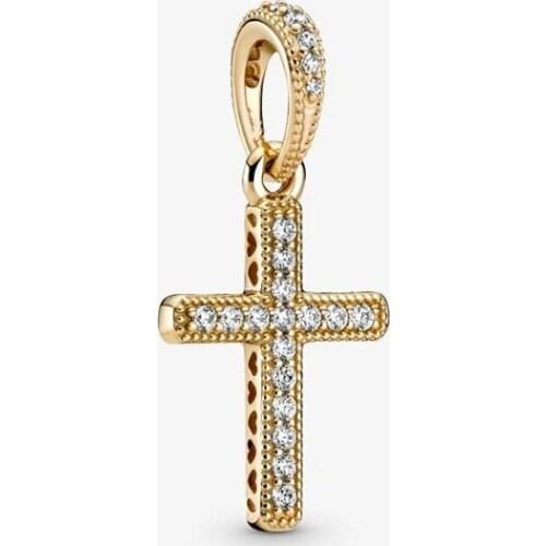 Mothers Day 925 Sterling Silver Jewelry Gold Sparkling Cross Dangle Pendant Charms Fit Bead Bracelet Pendant Necklace DIY