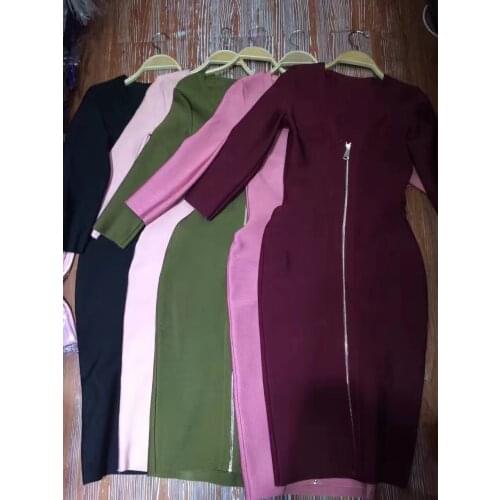 High quality new fashion sexy women factory dresses rose pink v neck long sleeve zip front celebrity party bandage dress