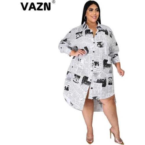 VAZN 2020 Top Quality Plus Size Casual Letter Novelty Chiffon Asymmetrical Young Style Full Sleeve Nature Loose Midi Dress