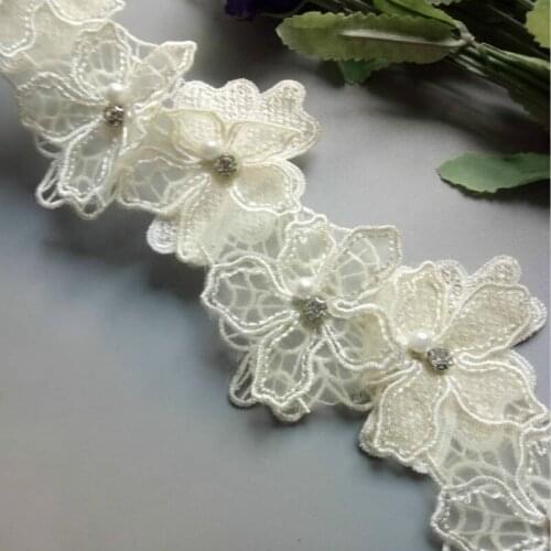 2 yards Ivory Pearl Flower Handmade Beaded Embroidered Net Lace Trim Ribbon Double Layered Applique Dress DIY Sewing Craft