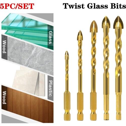 5pcs 7mm Hex Shank Twist Glass Bits Titanium Ceramic Drilling Drill Set 4 6 8 10 12mm Tile Concrete Cross Tip Hole Bit Tile