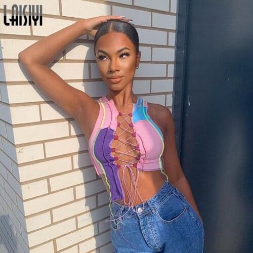 LAISIYI Lace Up Tie Front Crop Tops Spliced Asymmetrical Top Contrast Color Bodycon Hollow Out Sexy Hot Club Tanks 2021 Spring
